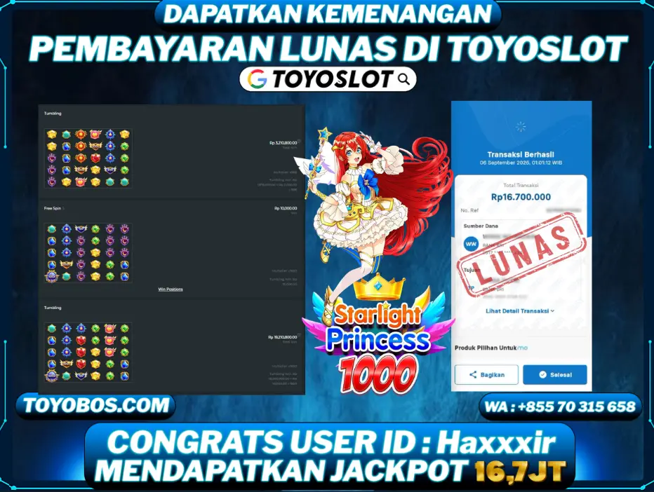 TOYOSLOT - BUKTI KEMENANGAN STARLIGHT PRINCESS 1000 Rp16,700,000,- LUNAS